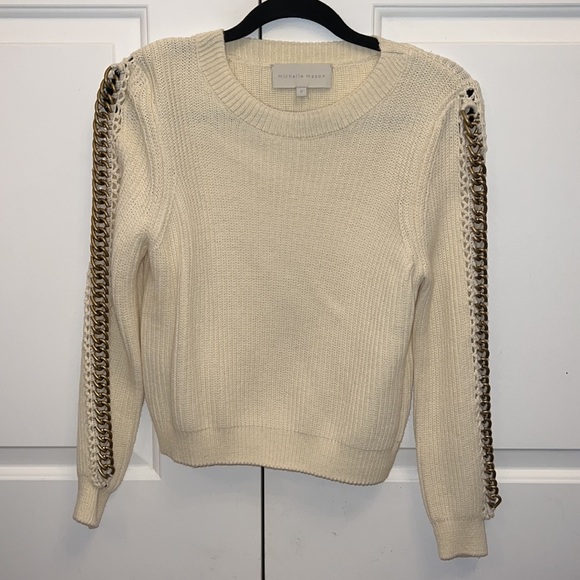 MICHELLE MASON Chain-embellished Ribbed Cotton And Wool-blend Sweater In Ivory - Picture 4 of 10
